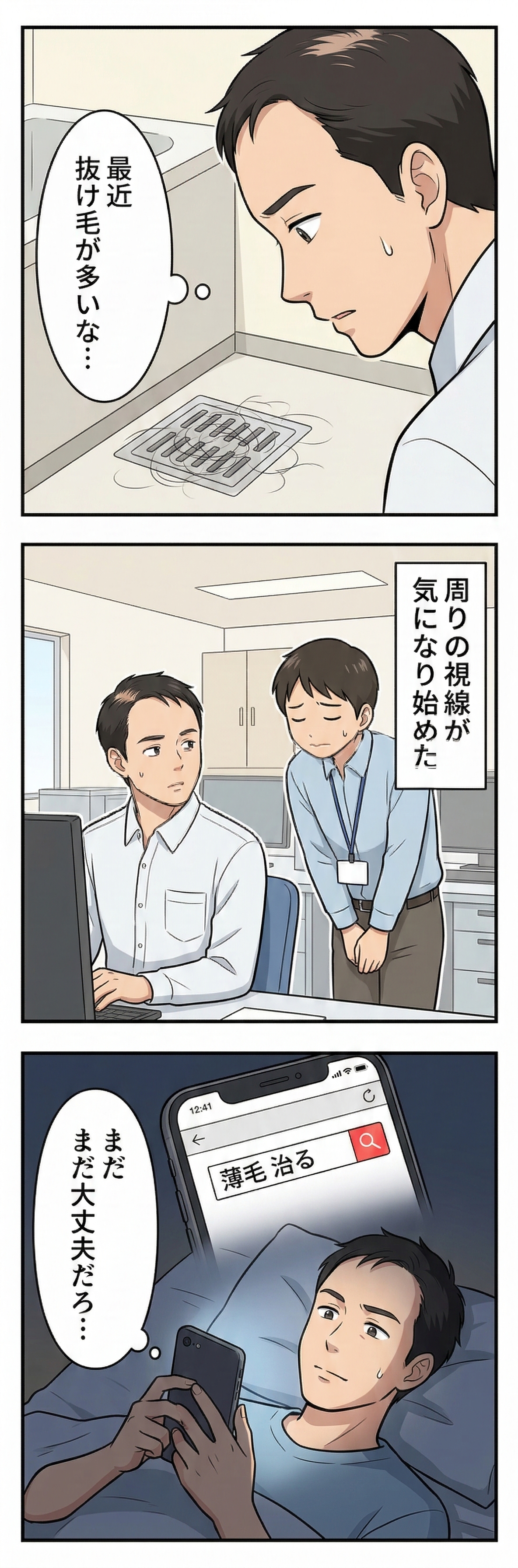 抜け毛に気付くも放置する男性の漫画